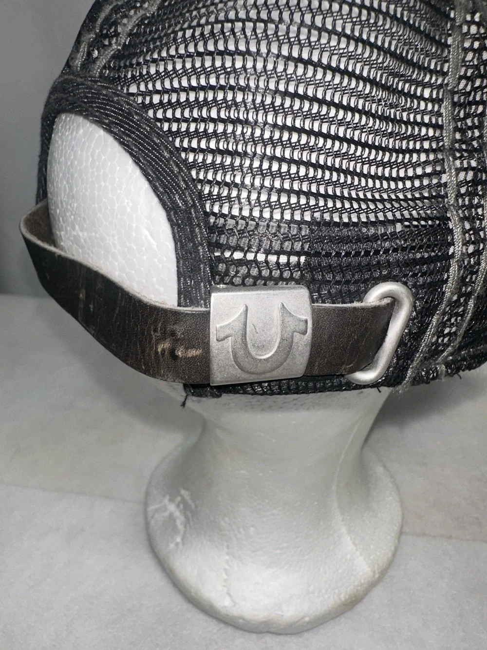 True Religion Trucker Hat Cap Black TRUE RLGN spellout Distressed Leather Strap